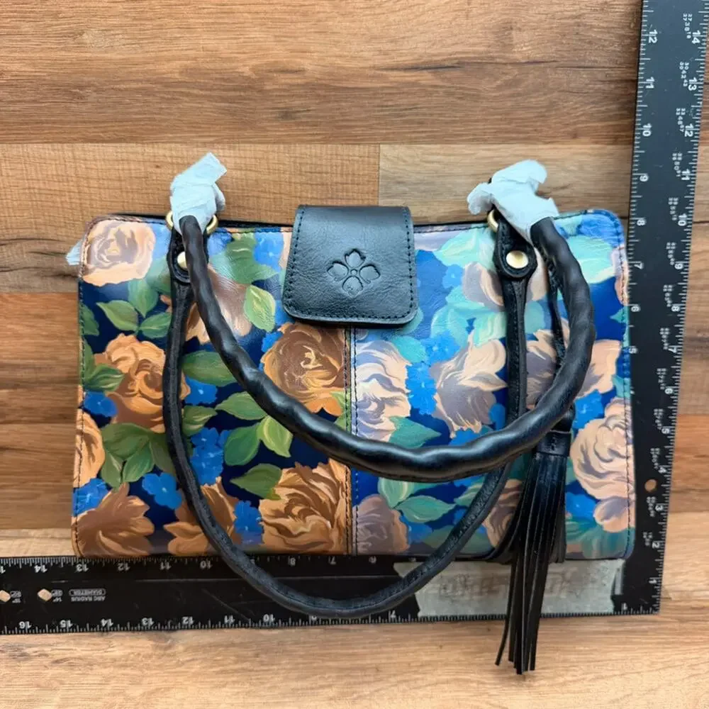 Patricia Nash  Fabriano Blue Skye Rose Print Leather Shoulder Satchel Bag